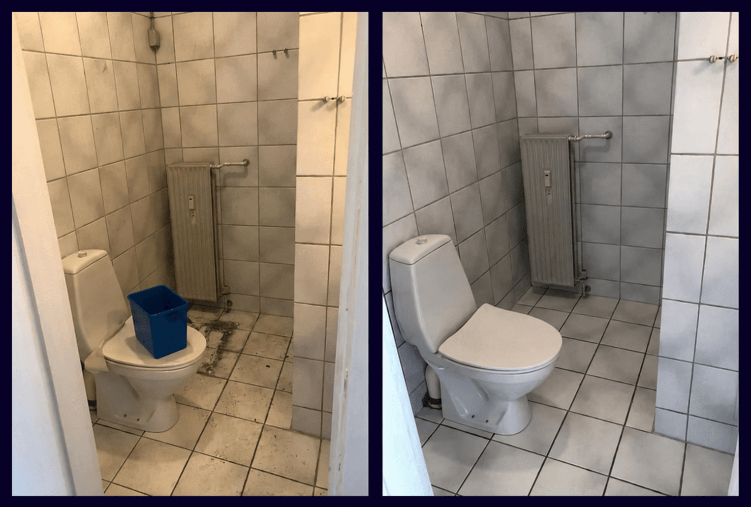 Før og efter rengøring af toilet — fra kalkbelagt til skinnende rent